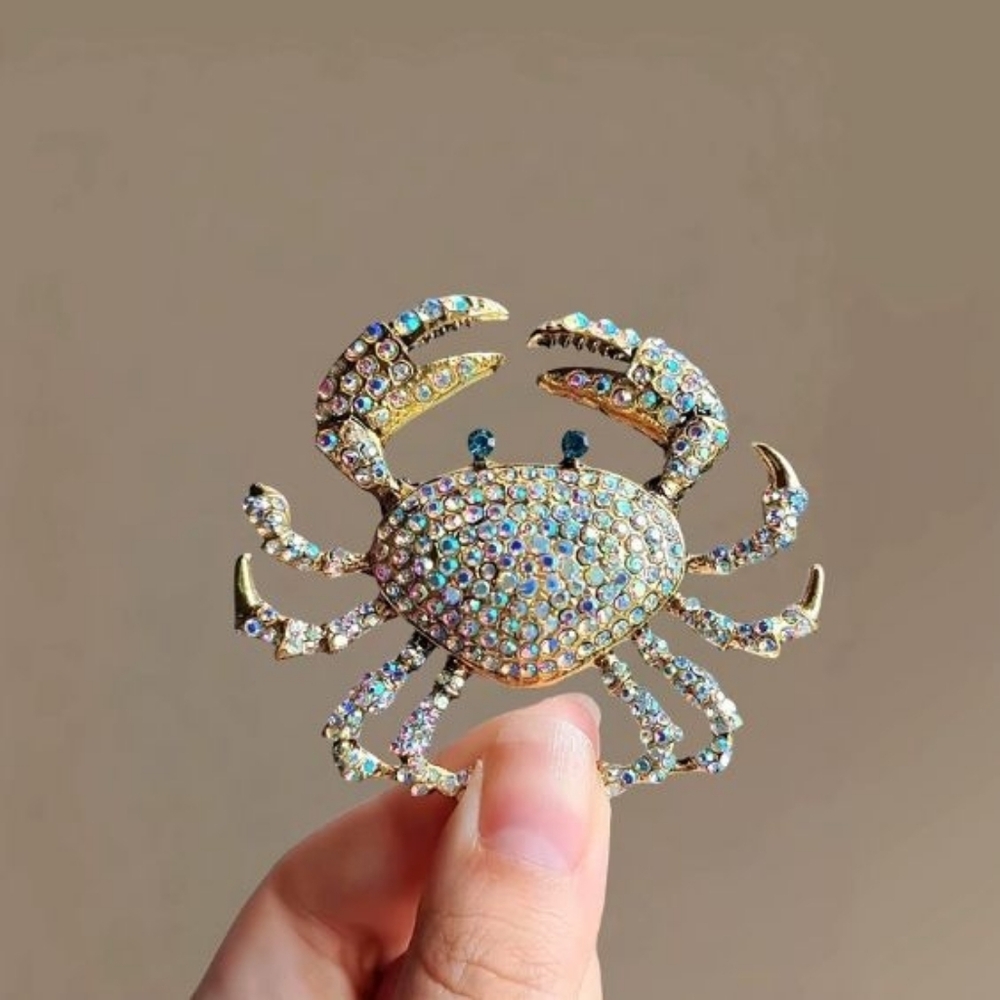 Set Of 3 Crab Brooches Pins Rhinestones - Gold, Blue, Red - Picture 7 of 8